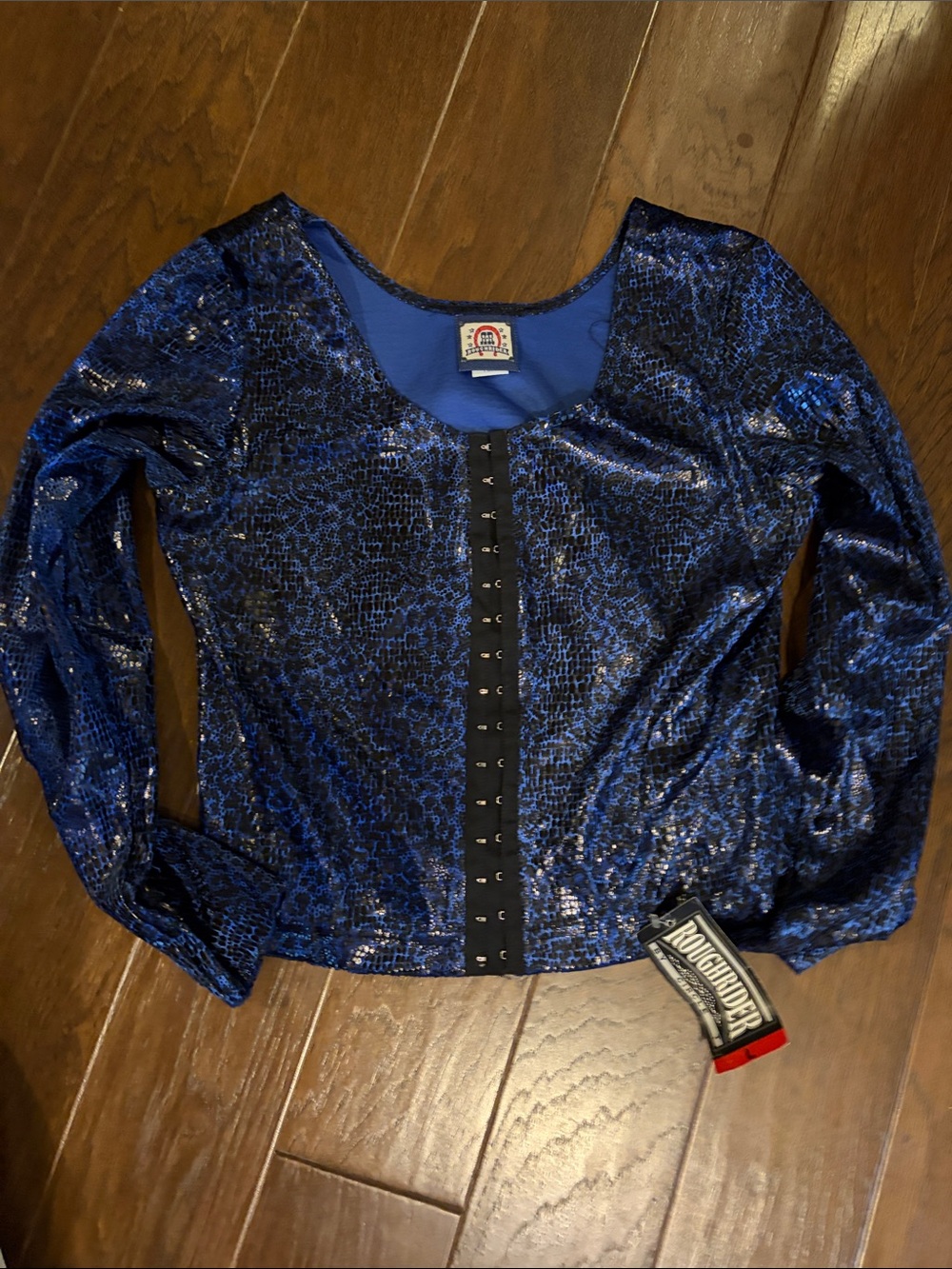 Rough Rider, Sz Large Metallic Blue Black Top Animal Print, Hook and Eye